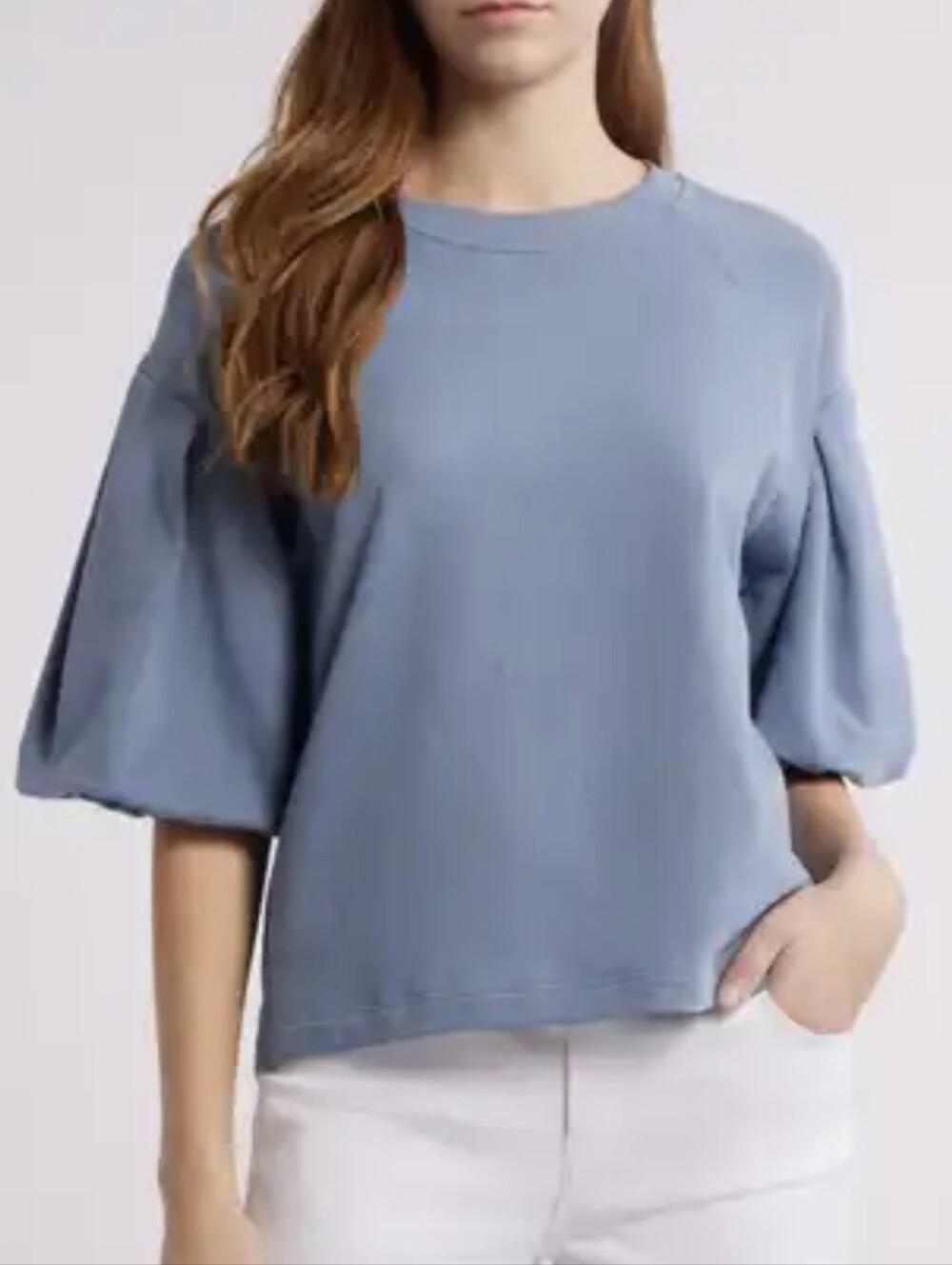 Madewell Puff-Sleeve Sweatshirt Tee Sz M Blue Cotton-Blend Fleece Crewneck Boxy